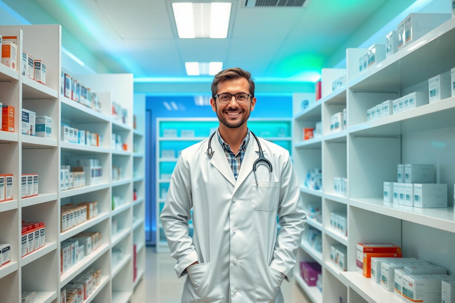 Interior moderno de farmácia com farmacêutico atendendo